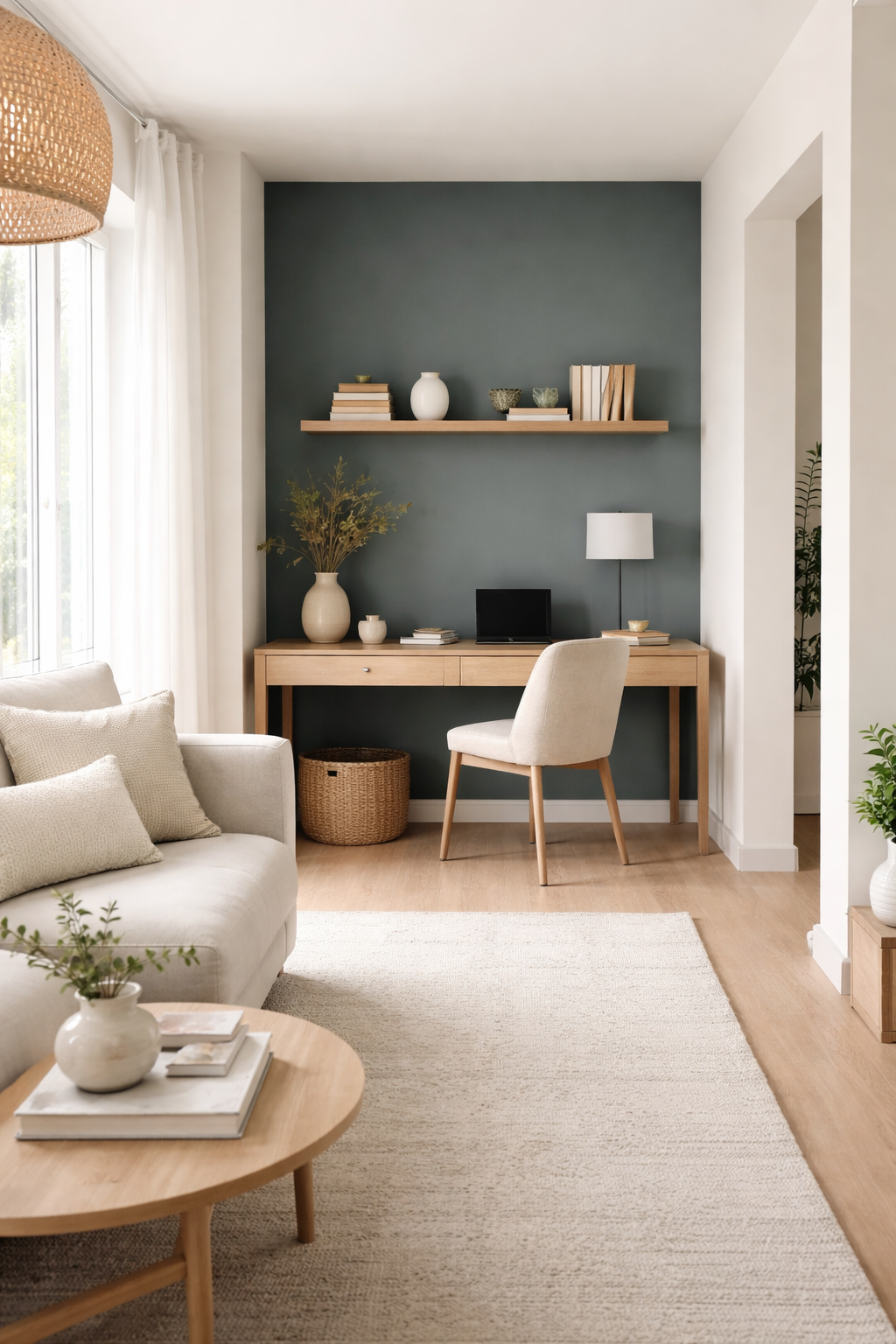 Small room with a dark accent wall balanced by light tones